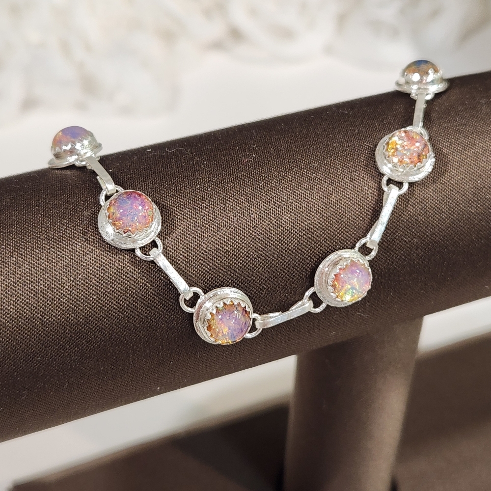 Genuine Handcrafted 999 Fine Silver Bracelet With Gorgeous Harlequin Glass Opals